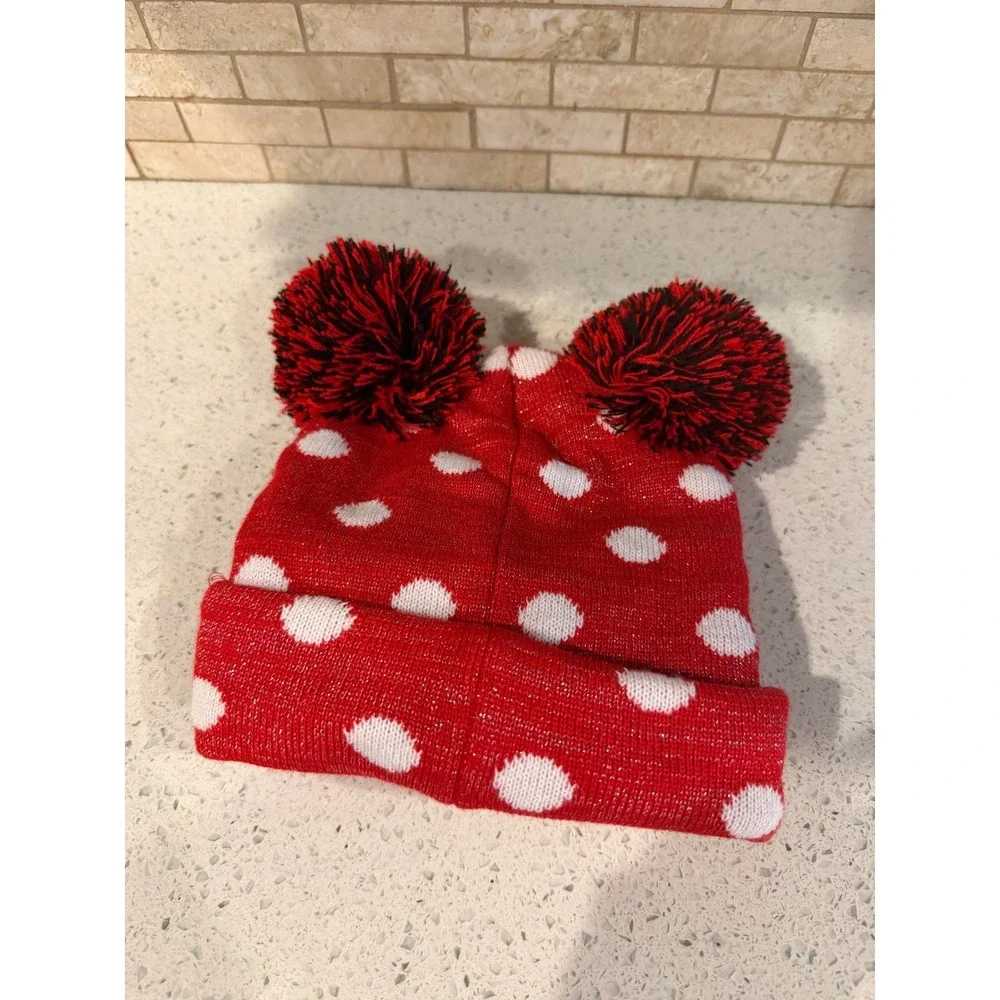 Disney Minnie Mouse 2025 Knit Beanie Red Sequin Bow Pom Pom Ears